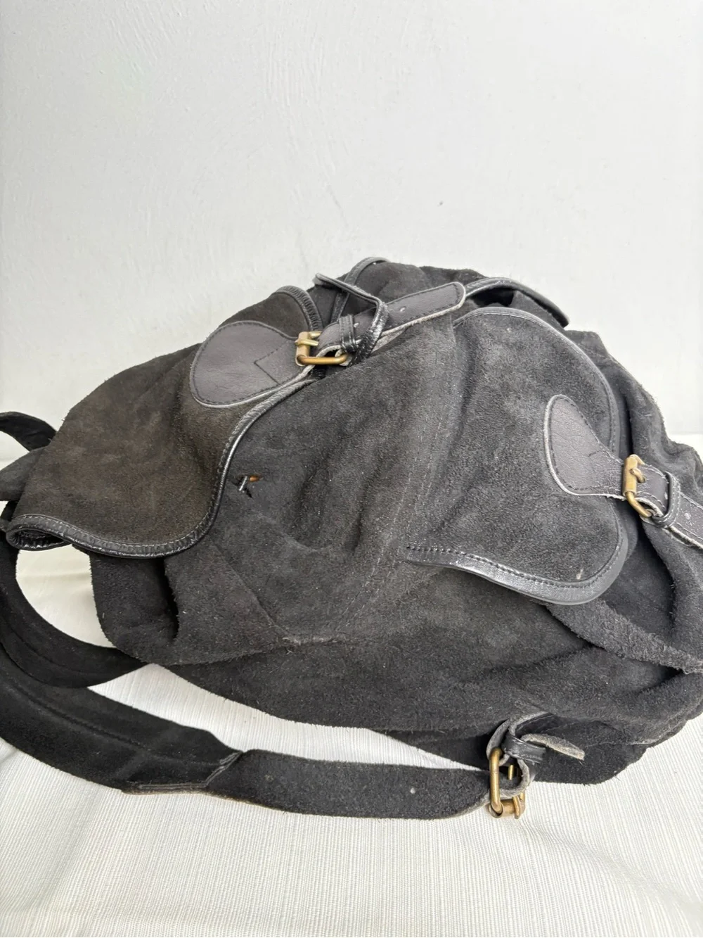 Vintage Handmade in Pakistan Genuine Suede Leather Buckle Drawstring Backpack